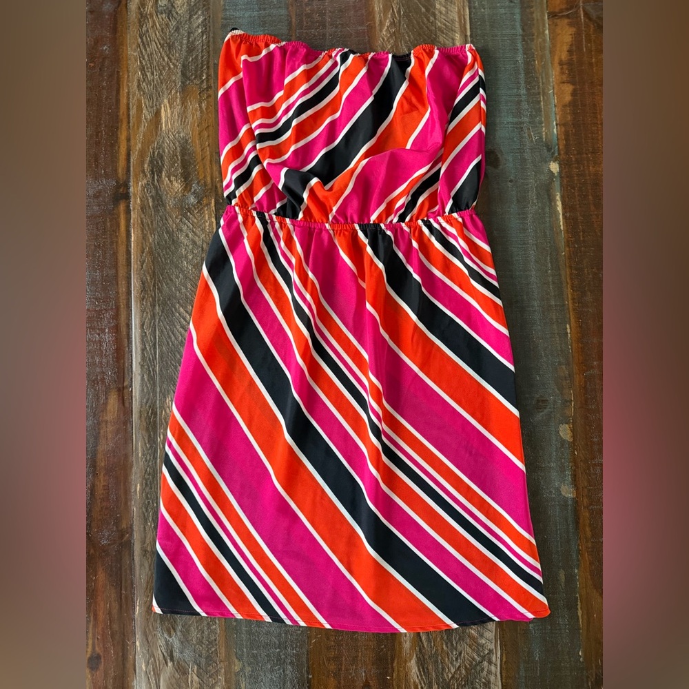 Soprano Women’s L Strapless Striped Orange Pink Black Tube Dress | SKU 0064